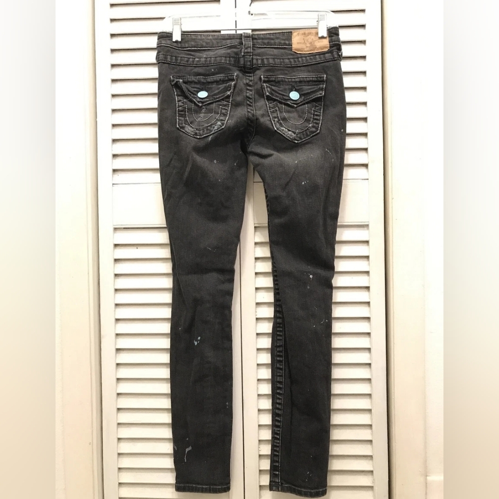 True Religion Black with Teal Splatter Super Skinny Distressed Jeans 29 - Picture 9 of 10